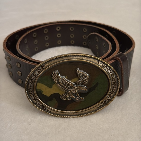 Faithful | Brown Leather Stud Belt Eagle Camouflage Hook Embossed Buckle (S) - Picture 15 of 15